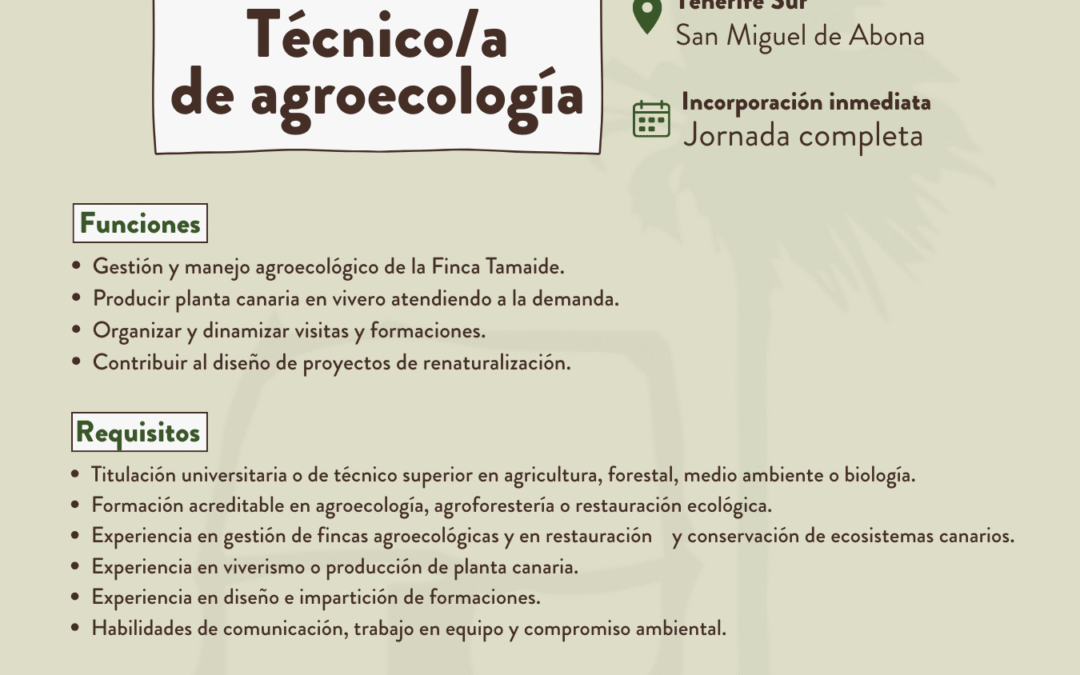 Empleo: Fundación Canarina busca técnica/o con experiencia en agroecología, viverismo y ecosistemas canarios